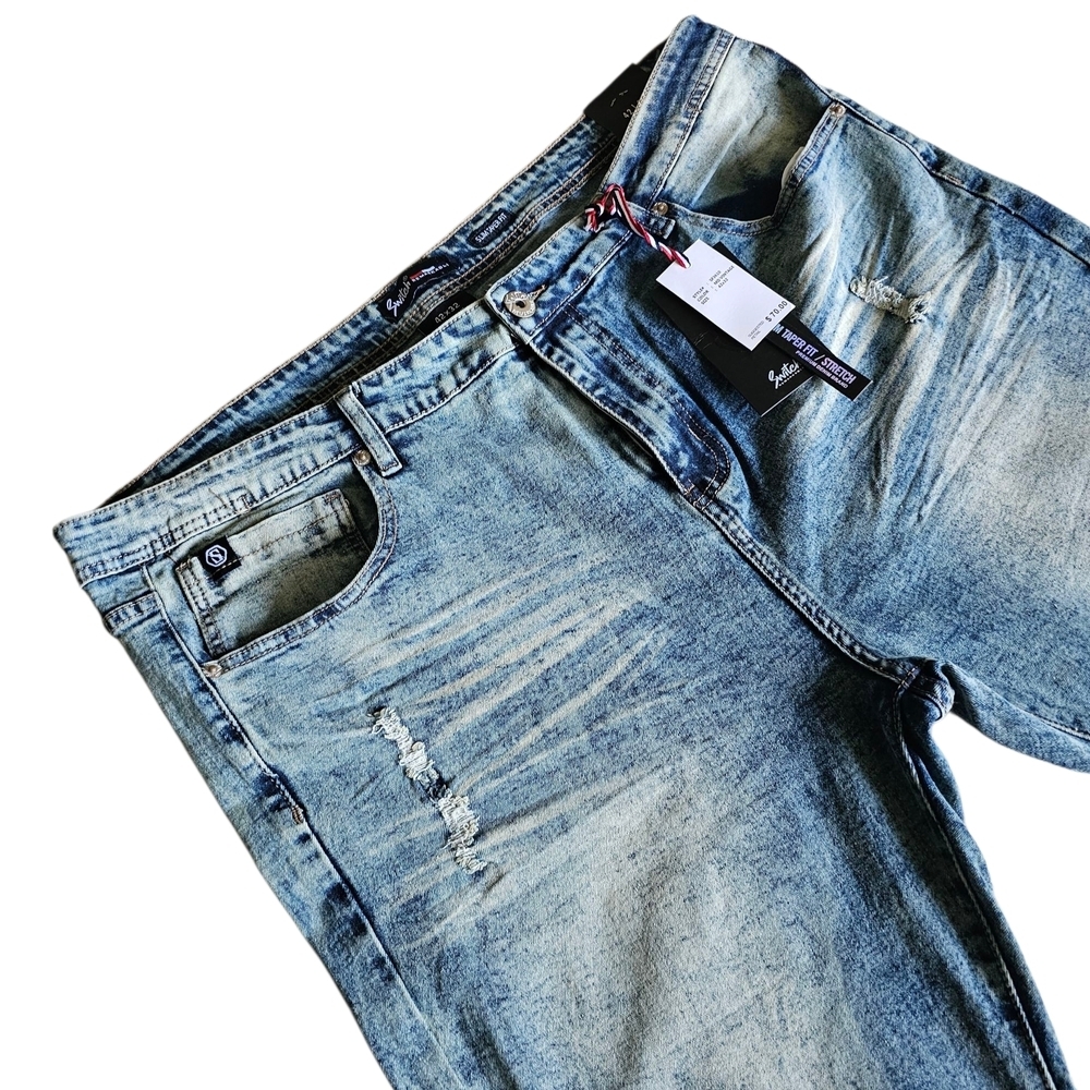 Men's Blue Slim Taper Fit Distressed Jeans with Fading - Picture 4 of 11